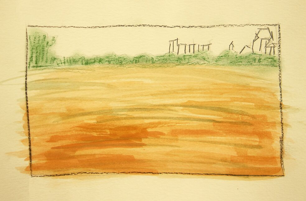 Open field, Watercolour and pencil on paper, 13 x 9 cm