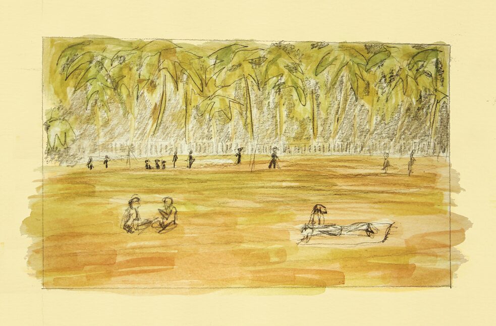 Afternoon at the Oval Maidan, Watercolour and pencil on paper, 13 x 9 cm