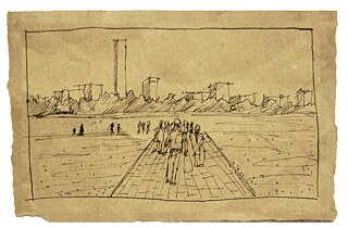 Crossing the Maidan, Pen on recycled paper, 13 x 9 cm