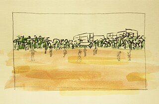 Women’s Cricket team, Watercolour, pen and pencil on paper, 13 x 9 cm