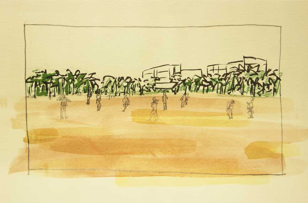 Women’s Cricket team, Watercolour, pen and pencil on paper, 13 x 9 cm