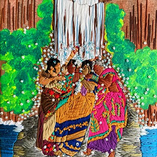  Medium: Handstickerei, Acrylfarben und Glasperlen auf Musselin. Auf Leinwand aufgezogen.