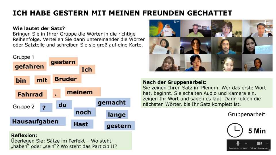 Ich habe gestern mit Freunden gechattet Wie lautet der Satz? Bringen Sie in Ihrer Gruppe die Wörter in die richtige Reihenfolge. Verteilen Sie dann untereinander die Wörter oder Satzteile und schreiben Sie sie groß auf eine Karte. Gruppe 1 gefahren – gestern – ich – bin – mit – Bruder – Fahrrad – . – meinem Gruppe 2 ? – du – noch – gemacht – lange – Hausaufgaben – Hast – gestern Reflexion: Überlegen Sie: Sätze im Perfekt – Wo steht „haben“ oder „sein“? Wo steht das Partizip II? Nach der Gruppenarbeit: Sie zeigen Ihren Satz im Plenum. Wer das erste Wort hat, beginnt. Sie schalten Audio und Kamera ein, zeigen Ihr Wort und sagen es laut. Dann folgen die nächsten Wörter, bis Ihr Satz komplett ist. Sozialform: Gruppenarbeit, Zeit: 5 min		