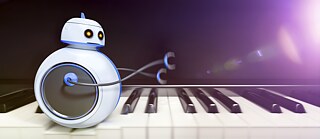 3D computer graphic, round cute robot rolling over a piano keyboard against black background