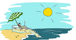 Zerfließender Aschenbecher mit sich sonnendender Person, der ins Meer fließt