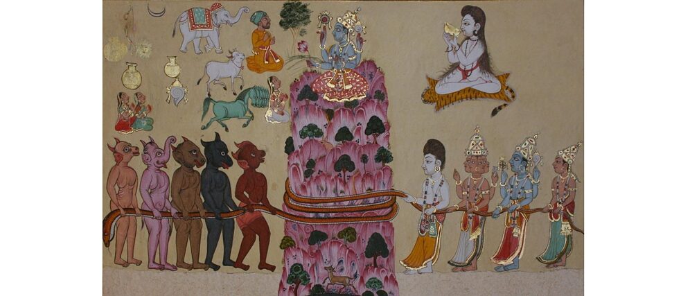 Eine Folio-Illustration, die die Szene des Aufwirbelns des Milchozeans aus dem Samudra Manthan darstellt.