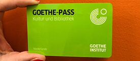 Een hand houdt de Goethe Kultur-Pass vast, een kleine groene kaart. 