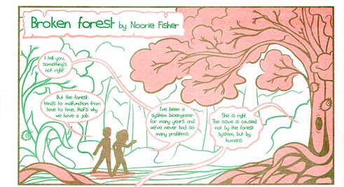 Zu sehen sind zwei Menschen, die durch den Wald gehen. Sie sind Bio-Ingenieure und regeln den Wald. Ihnen fällt auf, dass der Wald in letzter Zeit merkwürdig ist und es viele Probleme gibt. Der Wald gibt den Menschen die Schuld dafür.