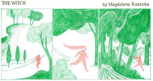 Zu sehen sind in rot und grün detaillierte Zeichnungen des Waldes. Von Pflanzen, Pilzen, Schnecken und einem Schmetterling. 