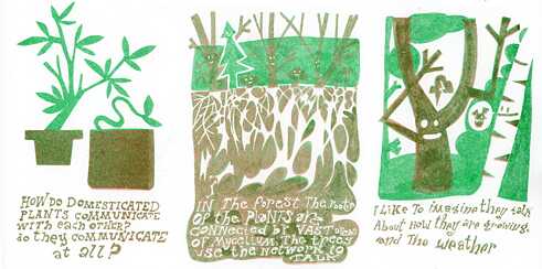 Unter einem Bild zweier Topfpflanzen steht: Wie kommunizieren domestizierte Pflanzen miteinander? Kommunizieren sie überhaupt? Dann folgt ein Bild, dass das Myzelium im Wald illustriert und der Text ist: Im Wald sind die Wurzeln der Pflanzen über das Myzelium verbunden. Die Bäume nutzen das Netzwerk, um sich zu unterhalten. Das nächste Bild zeigt zwei Bäume mit Sprechblasen. Darunter steht: Ich stelle mir gerne vor, dass sie sich über das Wetter und darüber, wie sie wachsen, unterhalten.