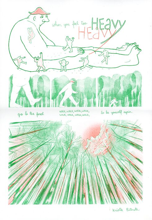 Zu sehen ist in dem Comic eine Person, die groß wie ein Riese ist, andere Menschen neben ihr wirken winzig.  Die Person geht in den Wald und wird Schritt für Schritt kleiner, bis sie nach oben schauen kann und die Bäume ihr wieder als Riesen erscheinen.