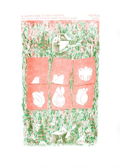 Ein Hase findet im Wald einen Kopierer. Er macht Kopien von sich auf dem Kopierer sitzend und liegend. Es versammeln sich mehrere Hasen um den Kopierer.