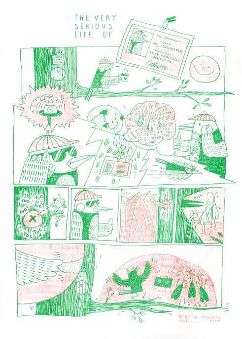 Der Comic zeigt einen Specht, der ein heißes Getränk trinkt und seinen Dienstausweis. Er bekommt einen Anruf eines anderen Vogels, der sich über den Lärm einer Party von Käfern beschwert. Der Specht fliegt zu dem anderen Vogel, der ihm die Stelle im Baum zeigt, an dem die Käfer so laut sind. Der Specht hackt mit seinem Schnabel ein Loch in den Baum, feiert und tanzt dann jedoch mit ihnen.