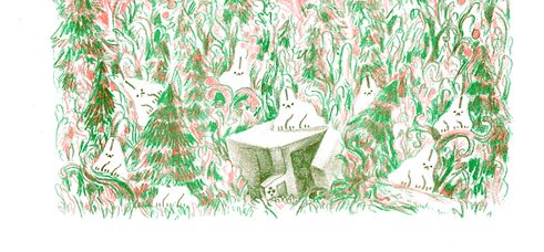 Viele Hasen versammeln sich im Wald um den Kopierer.