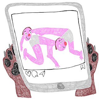 Illustration how dog paws hold a phone with a picture of two people on all fours sniffing at each other