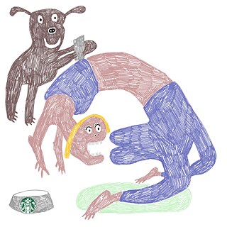 Illustration von einem Hund, der ein Bild von einem Mensch macht, der sich selbst in den Po beißt