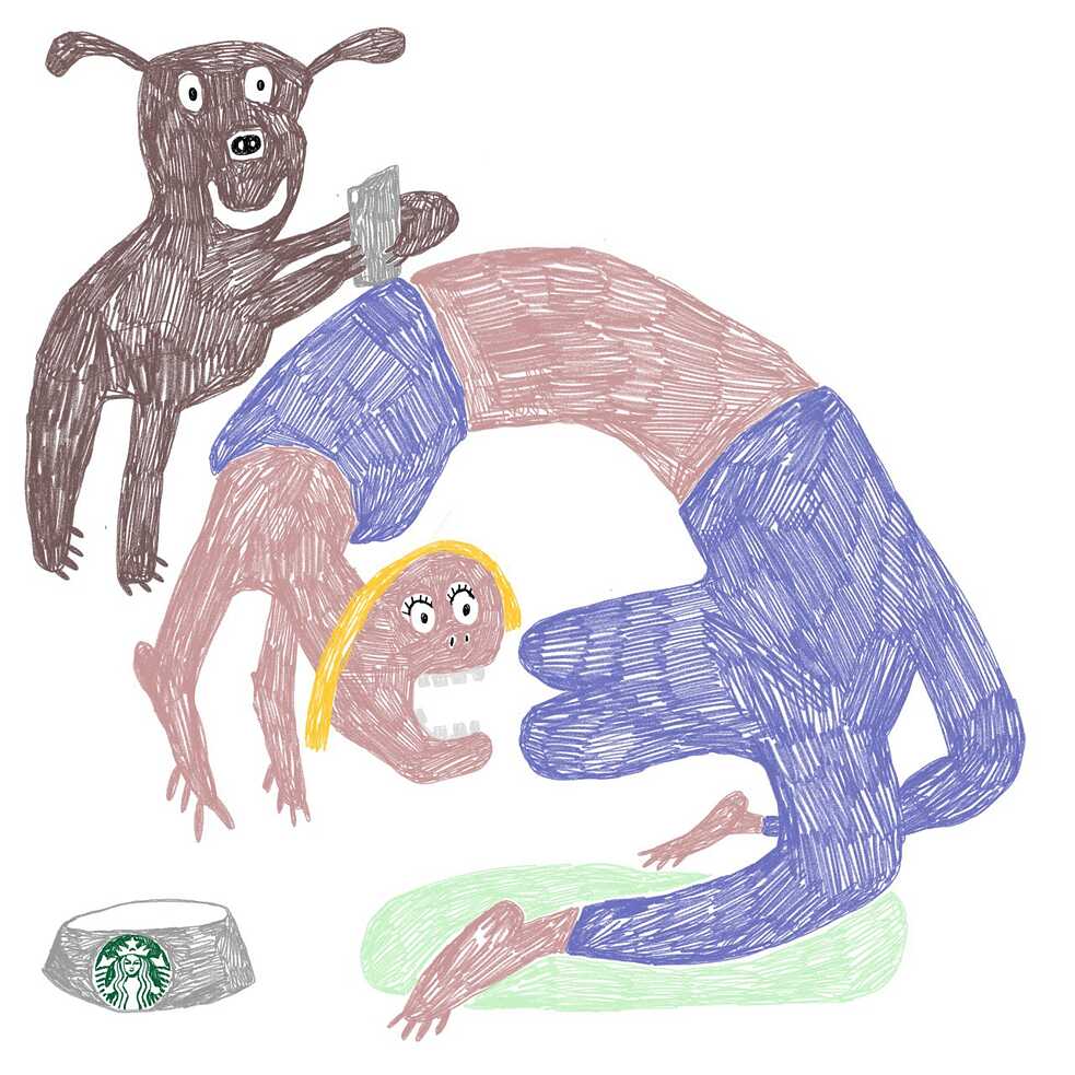 Illustration von einem Hund, der ein Bild von einem Mensch macht, der sich selbst in den Po beißt
