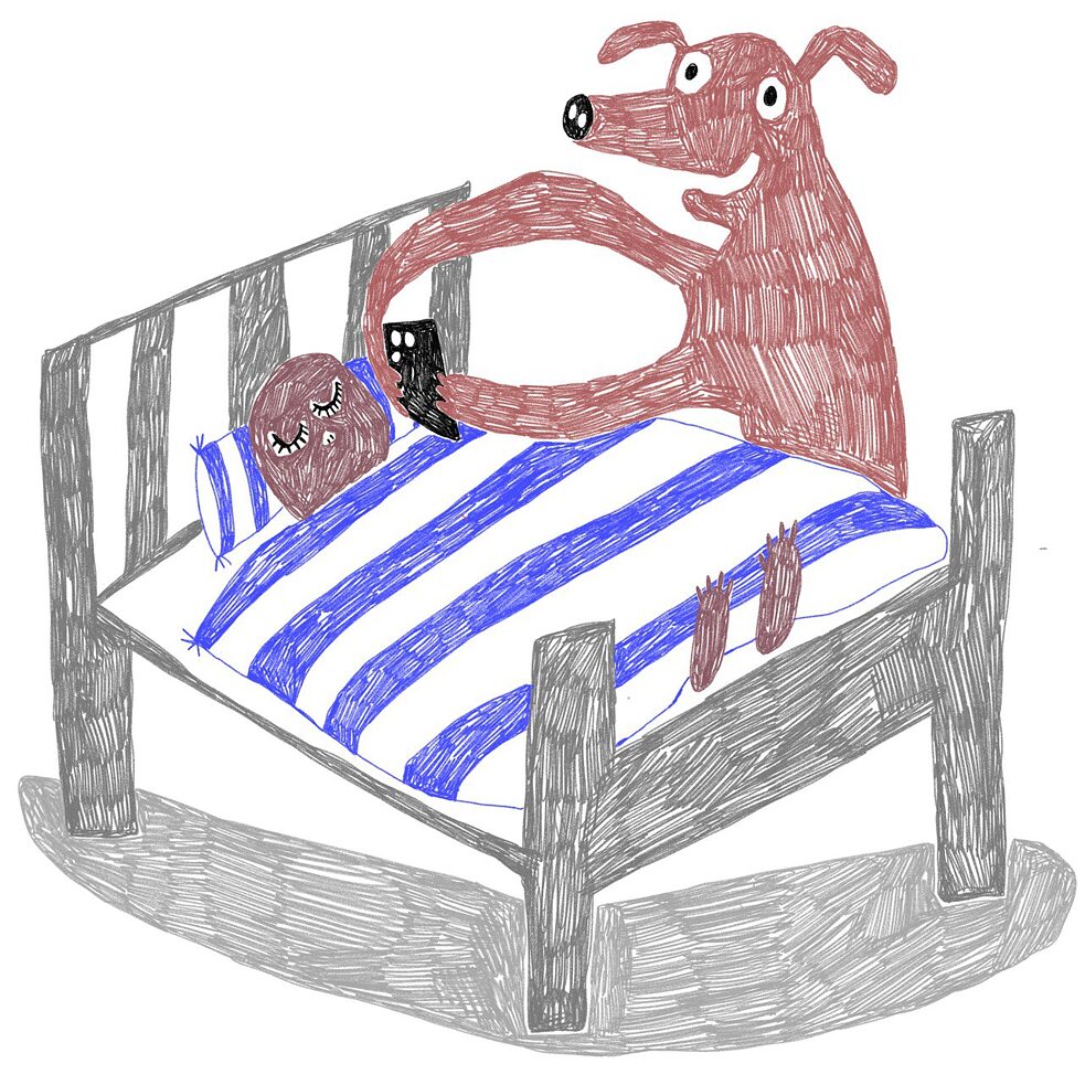 Illustration of a dog taking a picture with a phone of a human lying asleep in bed