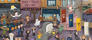 an illustration of a street decorated for Halloween
