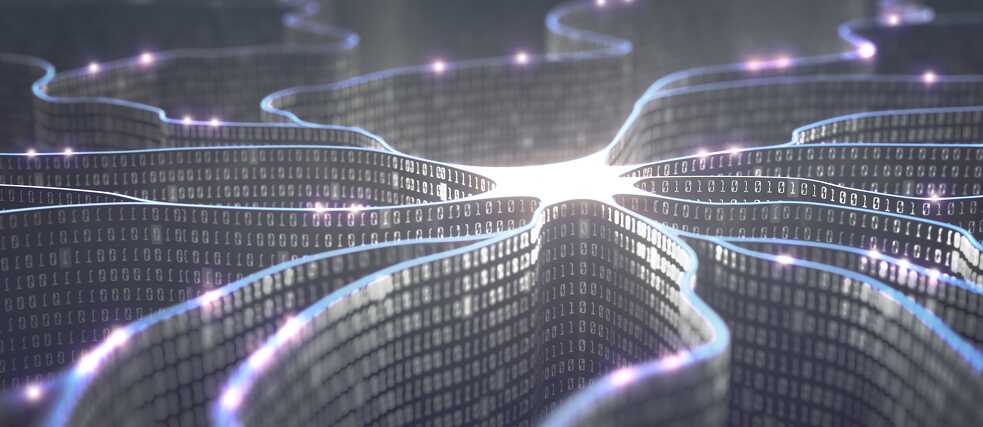 Wandförmige Binärcodes bilden Übertragungsleitungen aus Impulsen, Digitale Informationen in Analogie zu einer Nervenzelle