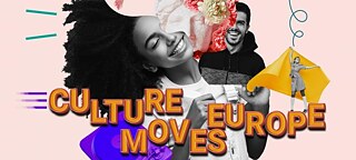 Bunte Collage aus Text und Bild. Tanz, Statue, Plattenspieler.