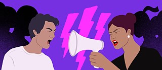 Illustration: A women and a man face each other, she holds a megaphone