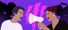 Ilustración: Una mujer y un hombre se enfrentan, ella sostiene un megáfono