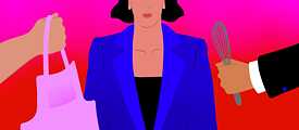Ilustración de una mujer y dos manos masculinas que le entregan un delantal y un batidor.