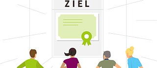 Illustration: Vier Personen laufen auf ein Ziel zu