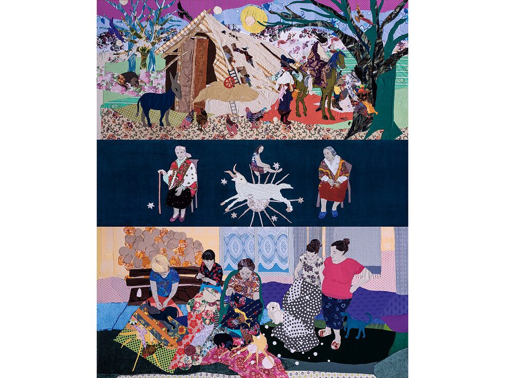A colourful tapestry with people and animal figures