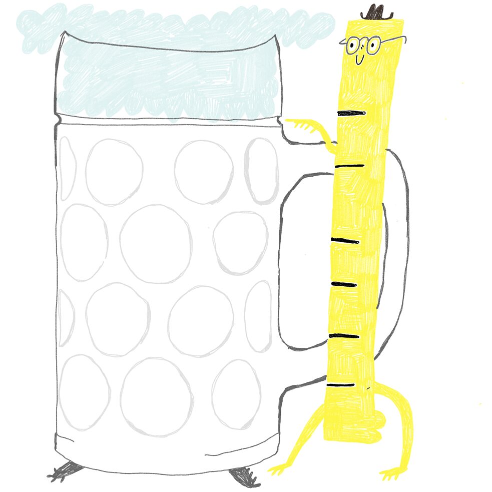Illustration: A tape measure with legs and arms next to a beer mug