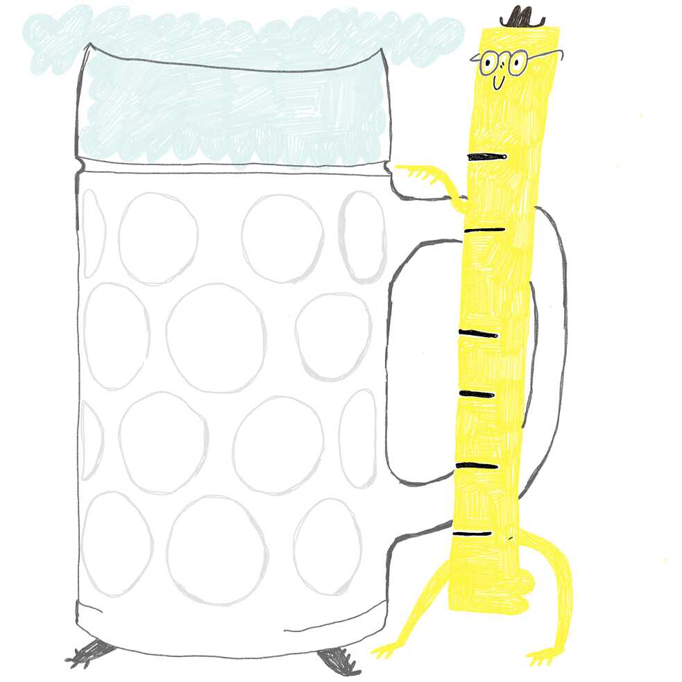 Illustration: Ein Maßband mit Beinen und Armen neben einem Bierkrug