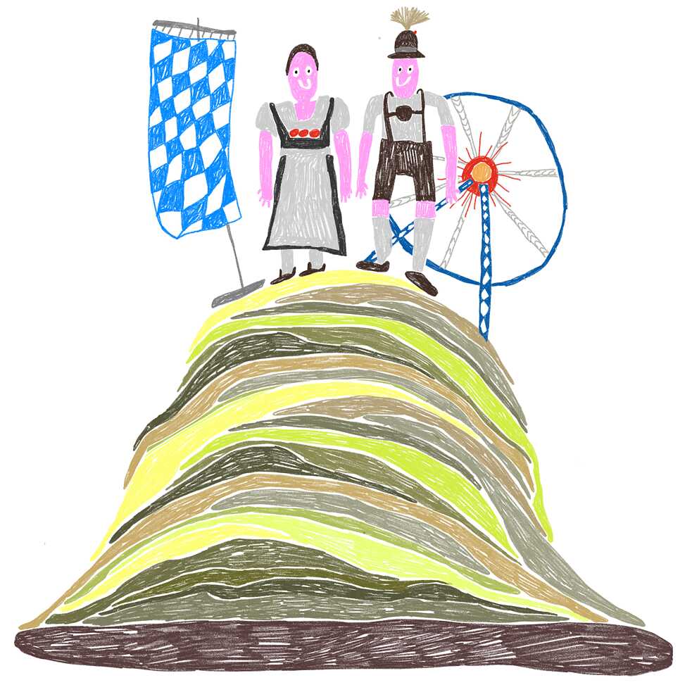 Illustration: Zwei Personen in Tracht, hinter ihnen ein Riesenrad, neben ihnen eine blau-weiße Fahne, sie stehen auf einem Hügel, der aus verschiedenfarbenen Lagen besteht.