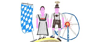 Illustration: Two people in traditional costumes, behind them a Ferris wheel, next to them a blue and white flag, they are standing on a hill consisting of layers of different colors.
