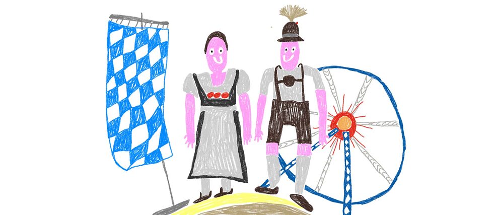 Illustration: Two people in traditional costumes, behind them a Ferris wheel, next to them a blue and white flag, they are standing on a hill consisting of layers of different colors.