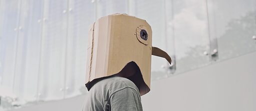 Flu görünen camla kaplı gri bir duvarın önünde duran bir kişinin yana doğru döndüğü görülüyor. Resmin ortasında başı kartonla kaplı kişinin başı bulunuyor, kartona göz ve gagayı andıran öğeler yapıştırılmış, yönü duvara doğru.