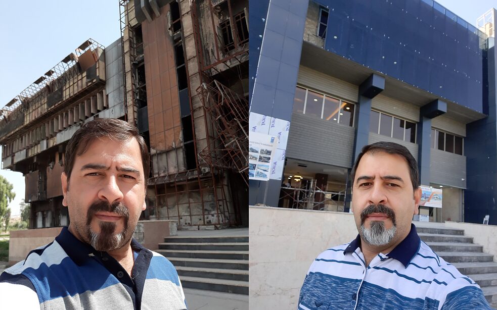 Alaa Hamdon sa vyfotografoval pred budovou knižnice pred začatím rekonštrukcie a počas nej.