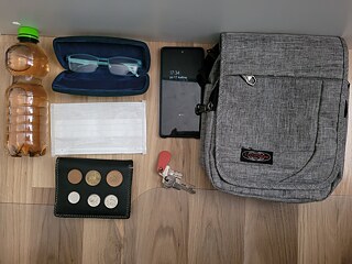 Ich gehe draußen. Ich bringe eine Tasche. In der Tasche sind mein Handy, meine Schlüssel, meine Geldbörse, meine Brille, eine Mund-Nasen-Maske und eine Flasche Tee.