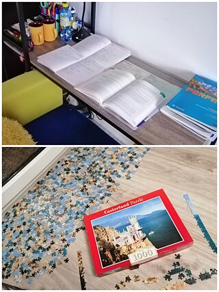 Hallo! Während Covid lerne ich online auf meinem Handy. In meiner Freizeit ich höre Musik, meditiere und fing an, Rätsel zu machen.