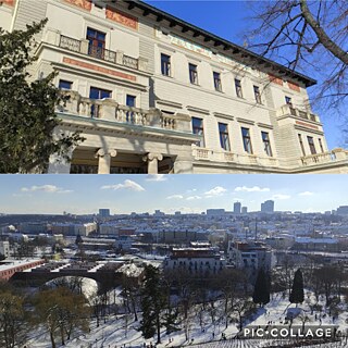 Das Bild besteht aus zwei Fotos. Das obere Foto zeigt ein großes altes Gebäude im Sonnenschein. Das untere Bild zeigt einen Ausblick auf das schneebedeckte Prag vom Park Havlíčkovy sady aus.