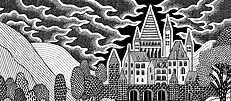 Château sombre dans un paysage de montagne (dessin en noir et blanc)