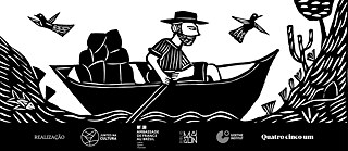  Xilogravura mostra homem em remando em canoa