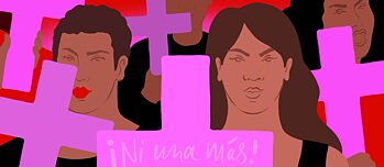 Illustration: Demonstrierende Frauen halten Kreuze in den Händen. Eines der Kreuze trägt die Aufschrift: Ni Una Más! - Kein einziges mehr!