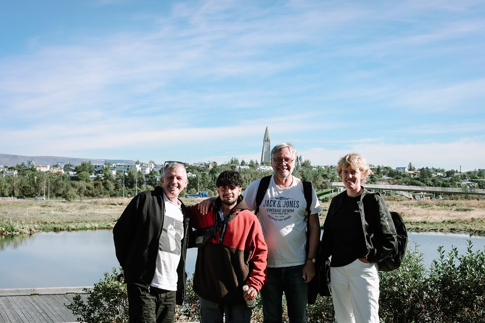 The artist collective Walther von Goethe Foundation and House of the Deadly Doris with Wolfgang Müller, Ahmad Hamad, Richard Radzinksi and An Paenhuysen in front of the Nordic House.