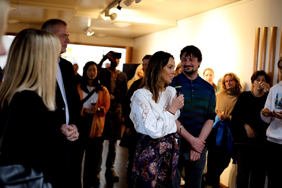 People gathering in the foyer of the Nordic House Reykjavík