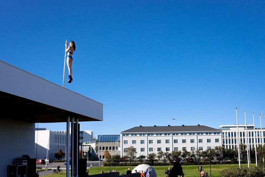 Pole dancer on roof of Nordic House