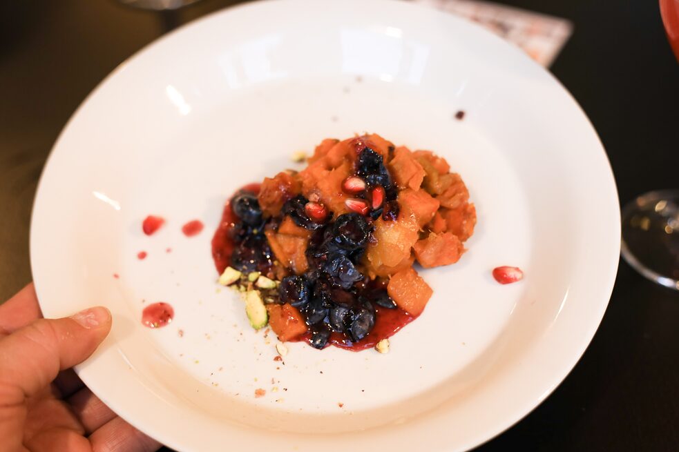 Plate with dish of sweetpotato and honey