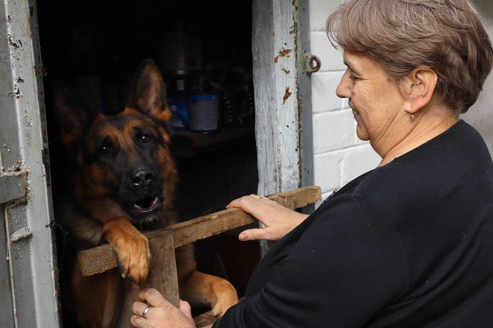 Nadija Wassyliwna und ihr Schäferhund Rex. Tiere dürfen die Sperrzone nicht verlassen, denn ihr Fell könnte radioaktiv kontaminiert sein.