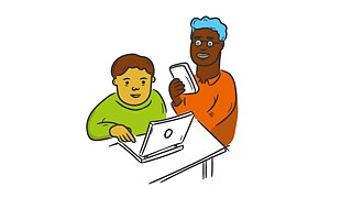 Zeichnung von 2 Personen unterschiedlicher Hautfarbe, die an einem Tisch sitzen