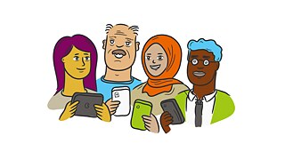 4 Menschen mit unterschiedlichen Hautfarben stehen neben einander mit einem mobilen Endgerät in der Hand